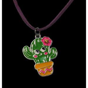Smiling Bright Cactus Enamel Pendant Necklace